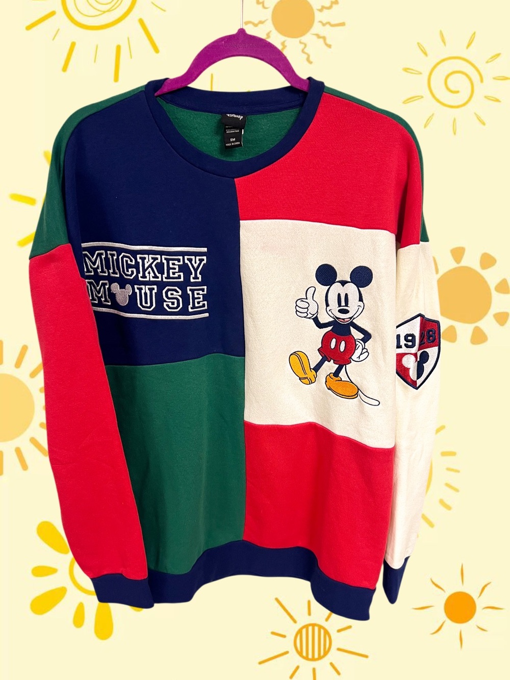 Disney colorblock varsity Mickey Mouse patchwork sweater